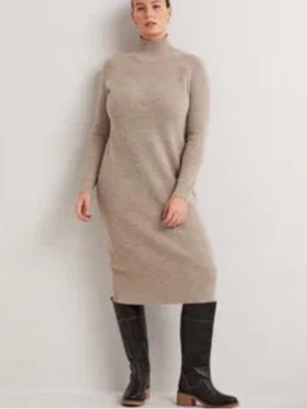 Boden Wool Blend Taupe Turtleneck Knit Midi Dress Size 10
